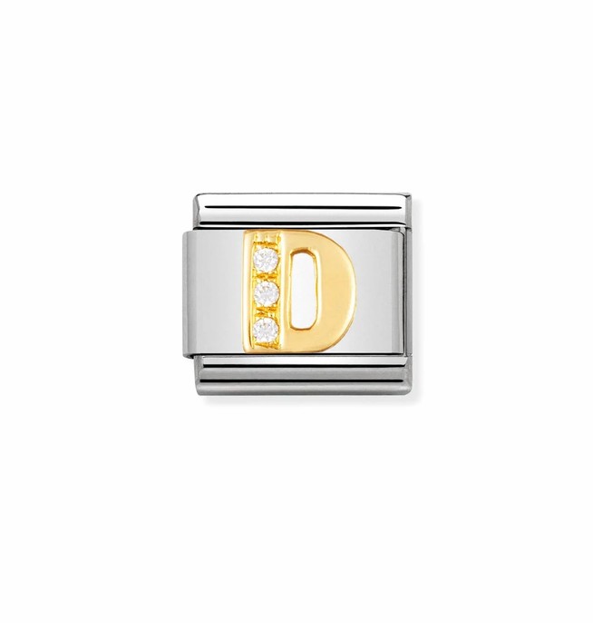 NOMINATION - LETTRE D AVEC CZ, STAINLESS ET OR 18K
