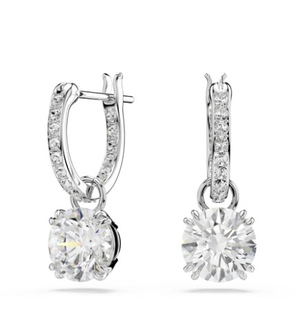 SWAROVSKI - BOUCLES D'OREILLES PENDANTES, TAILLE RONDE, BLANCHES, PLAUQÉES RHODIUM