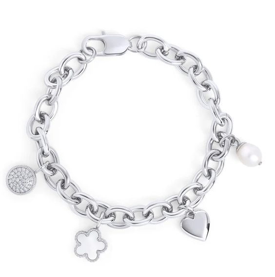 MIA - BRACELET ARGENT TRÈFLE, COEUR ET PERLE