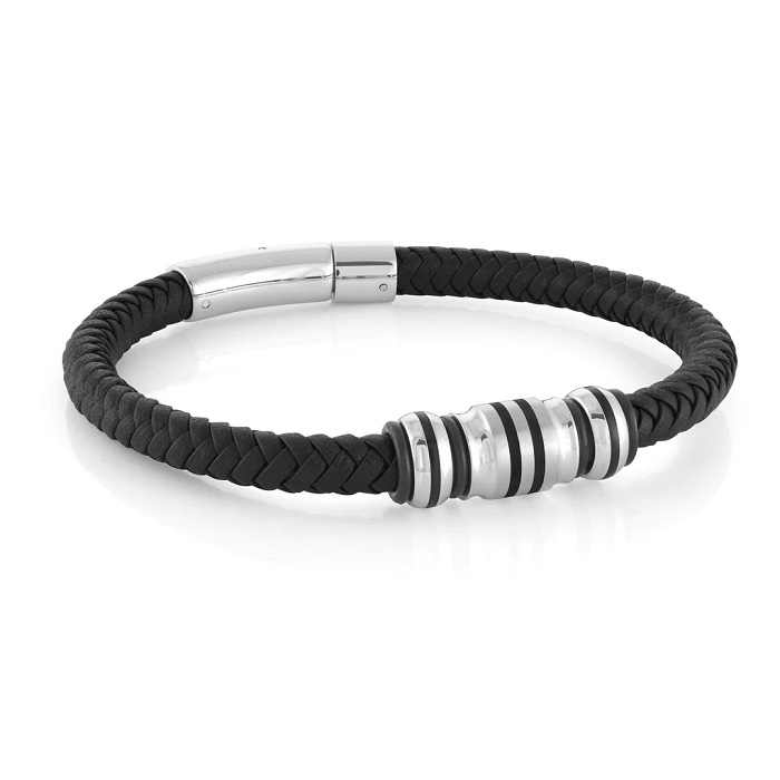 BRACELET TRESSÉ EN CUIR NOIR ET ACIER INOXYDABLE - ITALGEM