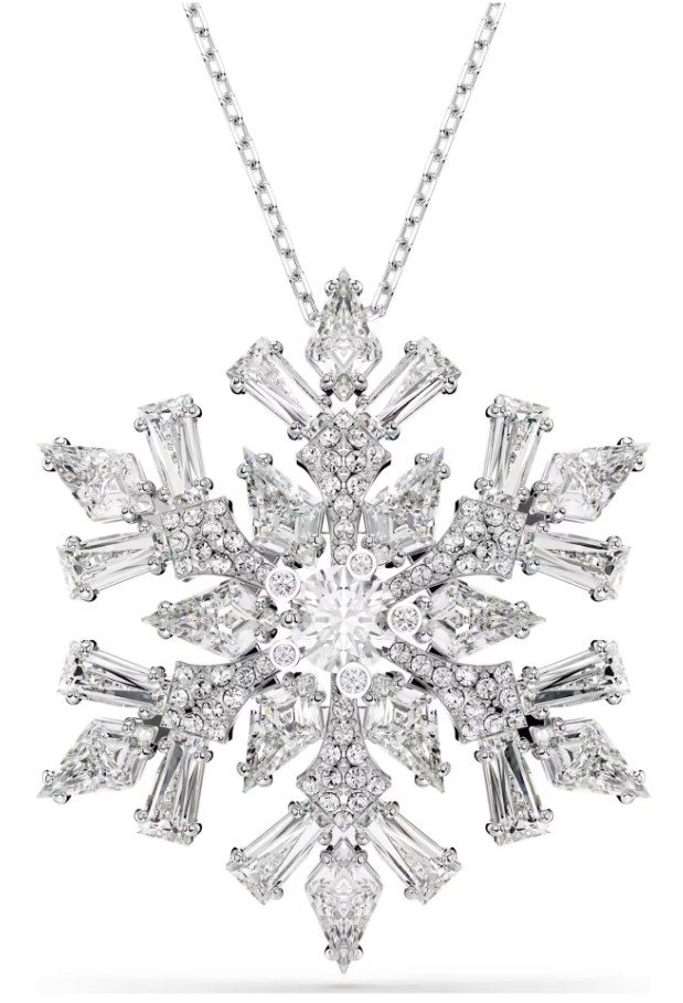 SWAROVSKI - PENDENTIF ET BROCHE IDYLLIA TAILLES VARIÉES, FLOCON DE NEIGE, BLANC, MÉTAL RHODIÉ