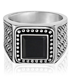 ARZ STEEL - BAGUE AVEC DÉTAILLE ET PIERRE NOIRE GR:13